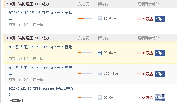 奧迪A8L2022款最新款價(jià)格 奧迪A8L2022款售價(jià)82.98萬(wàn)
