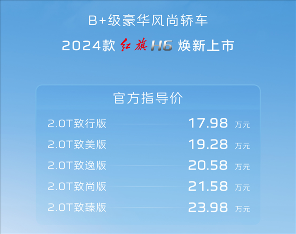 凱美瑞國(guó)產(chǎn)強(qiáng)敵！2024款紅旗H6上市：17.98萬(wàn)元起